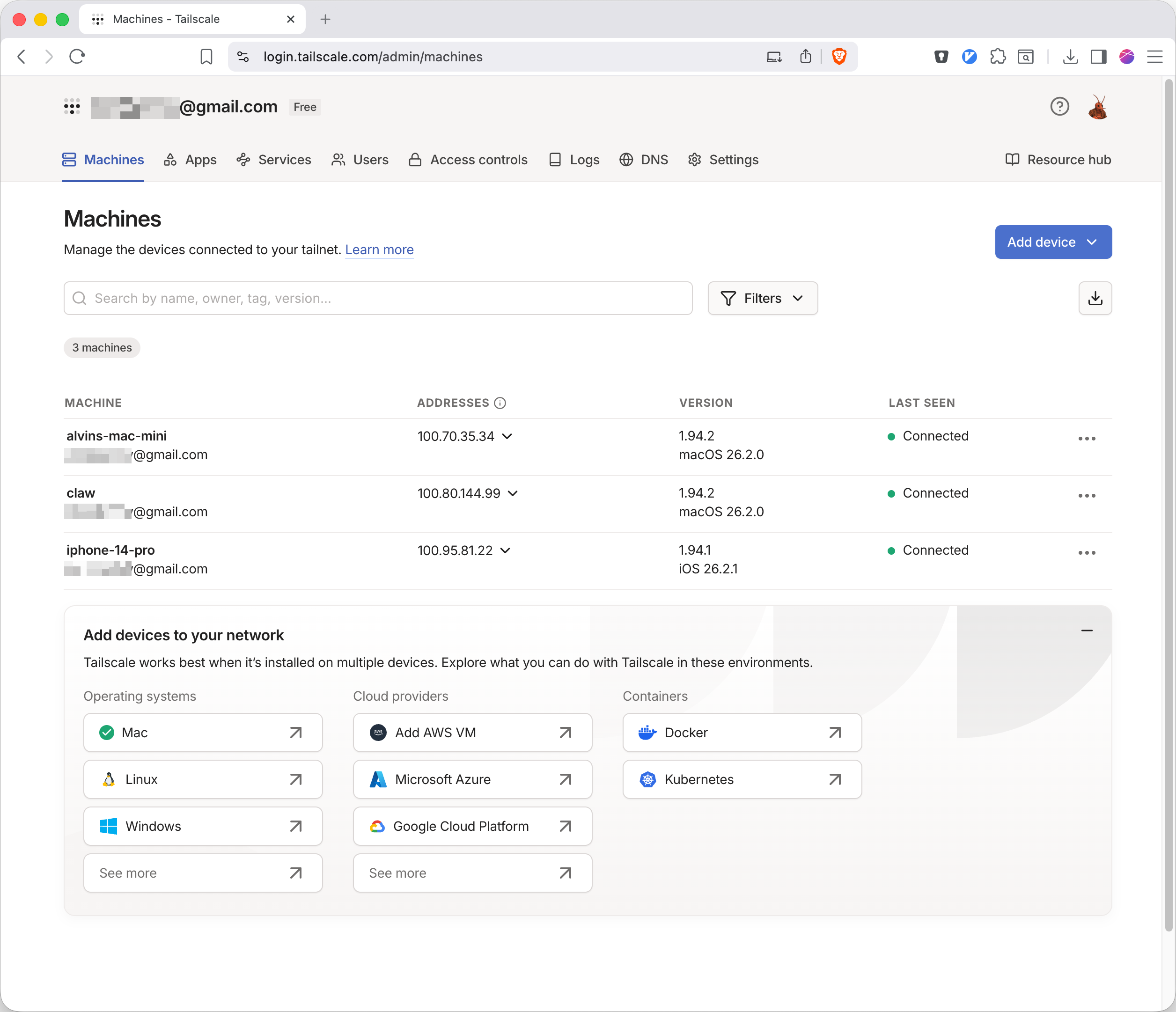 Tailscale devices connected to same Tailnet